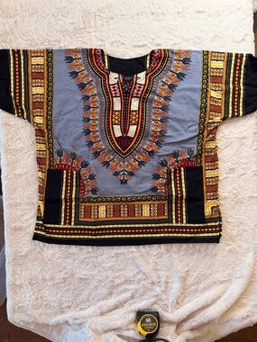 Jackpot Free Plus Dashiki Shirt 100% Cotton Blue Grey African Print Boho
